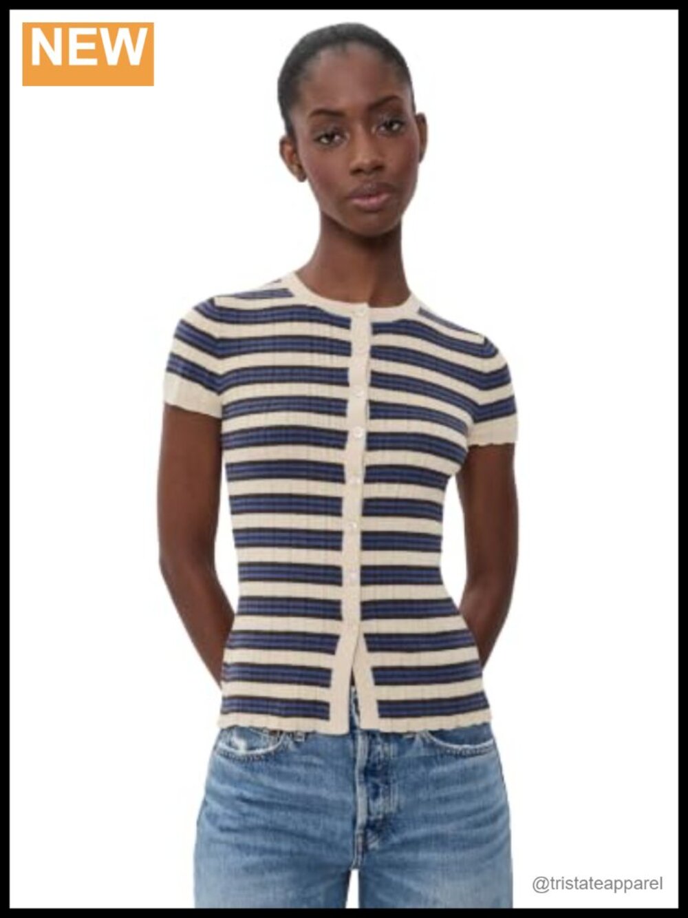 Short-Sleeve Striped Cardigan Ribbed Knit Scalloped Trim